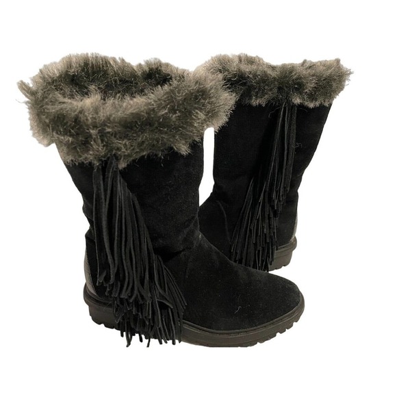 SAM EDELMAN BLACK FUR LINED BOOTS WITH FRINGE WOMENS SIZE 6 WARM AND COZY - Picture 1 of 9
